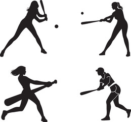 Dynamic Female Baseball and Softball Player Silhouettes in Various Batting Poses, Vector Illustration and Clip art