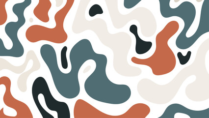Abstract vector background with organic fluid shapes in terracotta, mineral blue, ivory and dark tones. Modern minimalist design ideal for branding, editorial layouts, posters and web design.