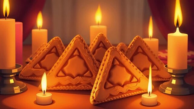 Traditional triangular cookies arranged with candles on a festive table  