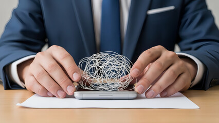 Businessman holding a complex network of interconnected strands above a smartphone, symbolizing global connectivity and technology