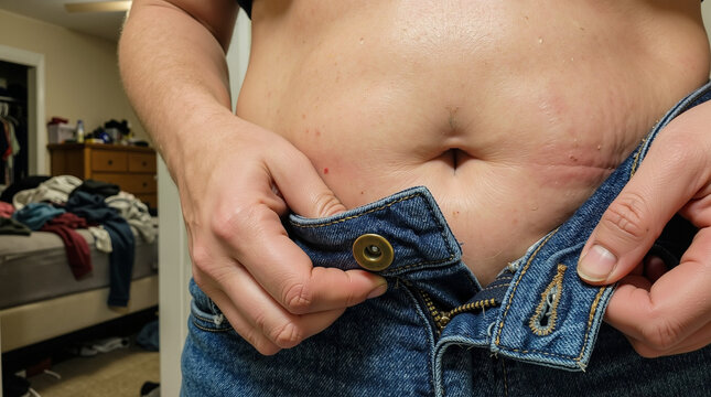Obese woman holding tight jeans
