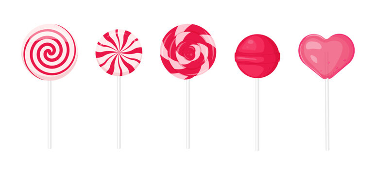  Different red lollipops set. Caramel candies vector illustration.
