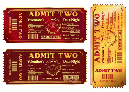 Romantic Valentine's Date Night Ticket Collection in a Luxury Gold and Red Admit Two. Love Voucher Set for Couples Cute Valentine's Day Movie Ticket Doodles and Gift Card Graphics.