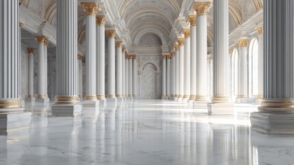Grand classical marble hall with white columns and arches