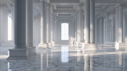Grand marble hall with classical columns and soft daylight