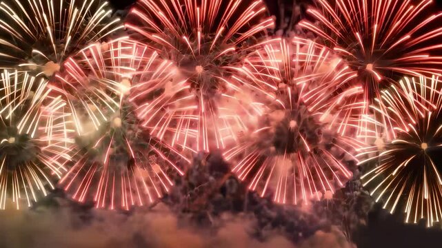 Vibrant New Year fireworks bursting in the dark night sky