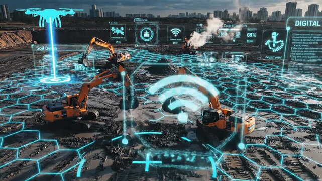 Drone monitoring construction site with excavators using digital twin technology and iot sensors for soil density analysis