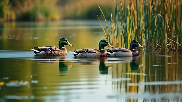 Three ducks swim peacefully in a calm, reflective pond