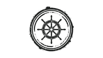 Fototapeta premium Grungy black stamp of a traditional ships steering wheel inside a circle with a worn and distressed texture on a white background.