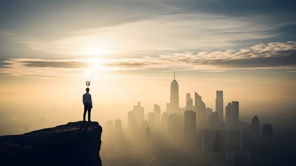 Fototapeta premium Creative thinking and business vision at city skyline. Idea generation and success. Man standing on a cliff with a glowing lightbulb above his head overlooking a foggy city
