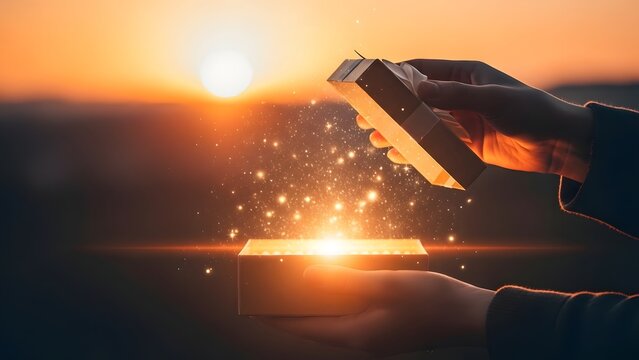 Magical glowing gift box and surprise celebration. Hope and wonder concept. Hands opening a small golden box releasing sparkles and bright light at sunset