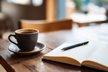 Creative Workspace with Coffee, Notebook, and Pen for Productive Session