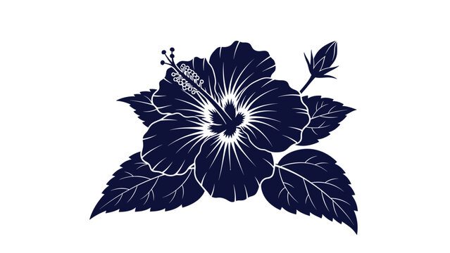 Detailed dark blue silhouette of a hibiscus flower with its leaves and a single unopened bud on a plain white background design.