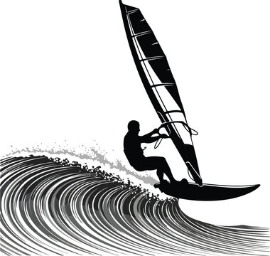 Vector windsurfing illustration man riding wave on surfboard with sail