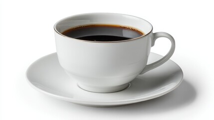 Fototapeta premium A hot espresso beverage in a white ceramic mug with a saucer isolated on a white background for a morning cafe breakfast break