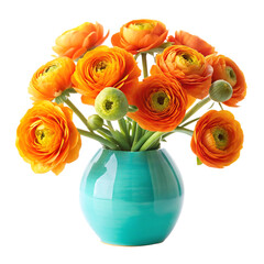 Obraz premium Orange Ranunculus in Turquoise Vase, isolated on white background.png