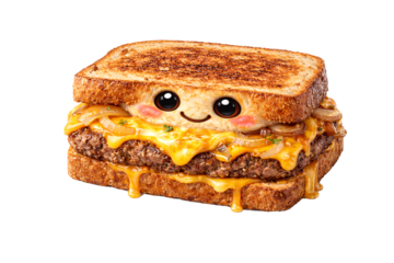 Adorable and appetizing burger sandwich with a cute smiling face, isolated on white.