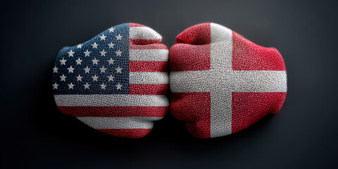 Obraz premium Conceptual image of geopolitical tension between United States and Denmark showing two boxing gloves with national flags facing off symbolizing conflict over Greenland and Arctic strategy
