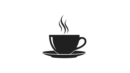 Fototapeta premium Simple black silhouette of a steaming coffee cup and saucer is positioned centrally against a clean white background area.
