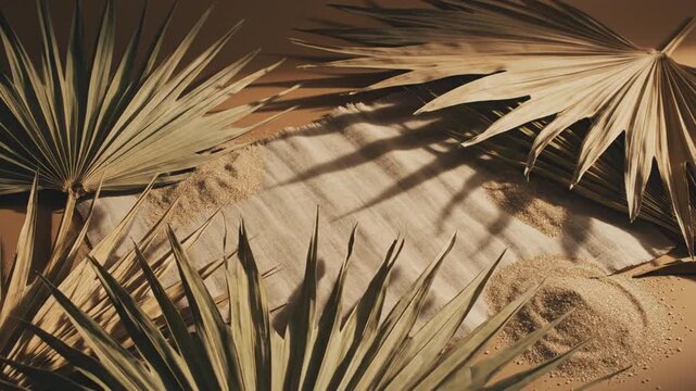 Dry Palm Fronds Elegant Presentation With Sand And Neutral Linen For Tropical Style