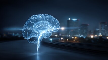3D illustration of a human brain glowing with blue light power inside a night city tunnel representing a medical x-ray scan of neurology and intelligence