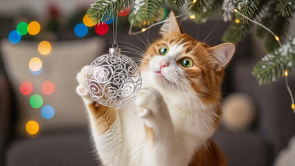 Cat playfully reaching for a hanging ornament on a Christmas tree in a festive indoor setting