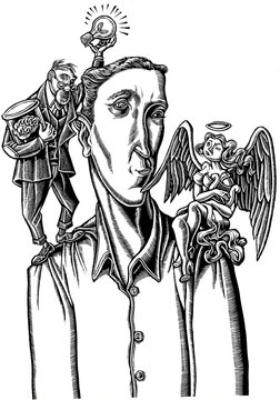 white man with angel and philosopher on shoulders