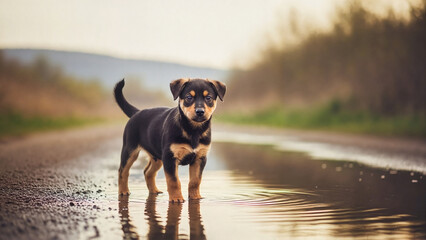 Puppy standing in a shallow puddle on a dirt path in a natural outdoor setting