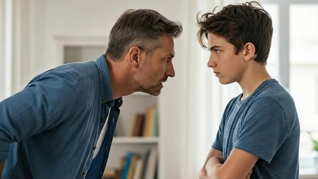 Father and son intense standoff in bright living room setting