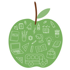  Education themed vector illustration featuring an apple shape filled with various educational icons, including books, pencils, and school tools. Perfect for back-to-school designs.