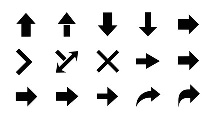 Set of black solid arrow icons in various directions and shapes, including diagonal and cross symbols, on an isolated white background.