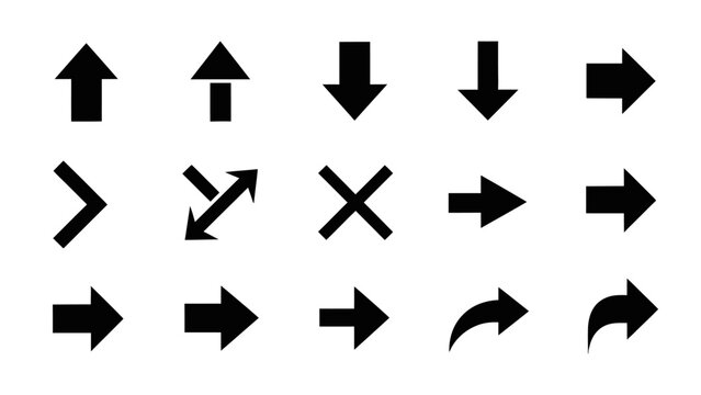 Set of black solid arrow icons in various directions and shapes, including diagonal and cross symbols, on an isolated white background.