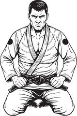 A strong, focused individual in a martial arts uniform is poised for action
