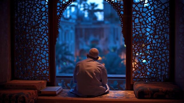  Religious muslim man praying inside the mosque