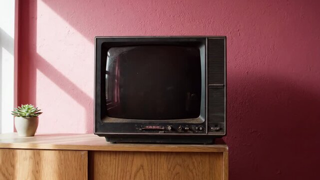 Vintage television sits on wooden cabinet in bright room with colorful wall. Natural light shines through window casting shadows. Concept of retro design, home decor, vintage electronics