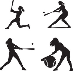 Dynamic Female Baseball and Softball Player Silhouettes in Various Batting Poses, Vector Illustration and Clip art