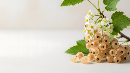 White currant berries on branch with green leaves and white blossoms