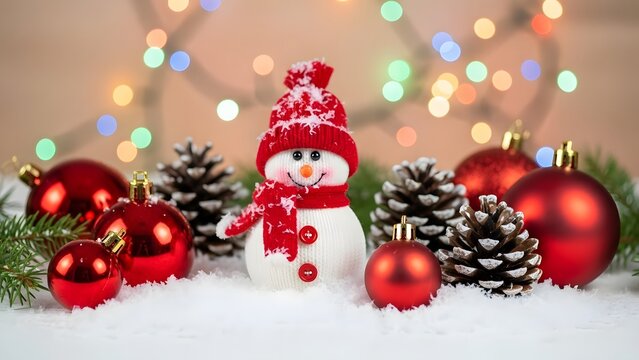 Cute snowman toy with red hat and scarf in a winter scene. Christmas holiday decoration and festive celebration. Small snowman sitting in snow with red ornaments and pine cones - Powered by Adobe