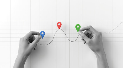 A minimalist conceptual illustration features two realistic grayscale human hands placing colorful location pins on a white grid background. One hand holds a blue pin, the other a green pin.