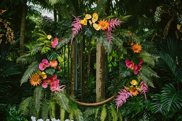 An idyllic circular wedding arch with cascading ferns and bright tropical flowers, creating a garden oasis vibe,