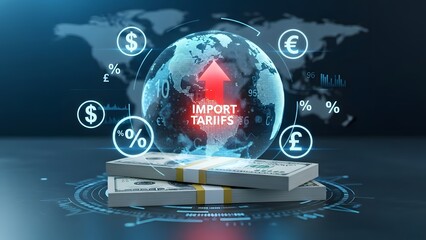 Global import tariffs and international trade economy. Financial policy and world market concept. Digital globe with red arrow and currency symbols above stacks of dollar bills