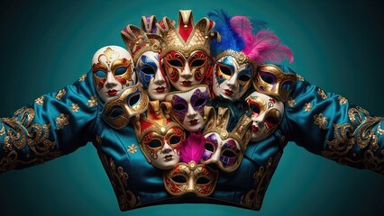 A group of people wearing elaborate Venetian masks and colorful costumes posing together against a teal background