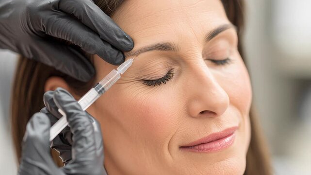 4k video of a cosmetologist applying botox or filler on a patient's supraorbital area.