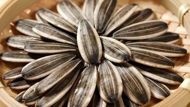 Full sunflower seeds neatly arranged in a radial pattern in a bamboo basket