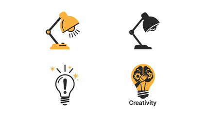 Inspiring Icons of Creative Thought and Innovation Featuring Desk Lamps and Light Bulbs Illustrating Idea Generation, Problem Solving, and Intellectual Illumination © deart_logo