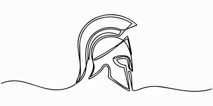 spartan helmet, Continuous one line drawing of spartan helmet. Medieval, greek, roman, traditional, protection concept. Editable stroke vector, Continuous one line drawing of roman warrior helmet mask