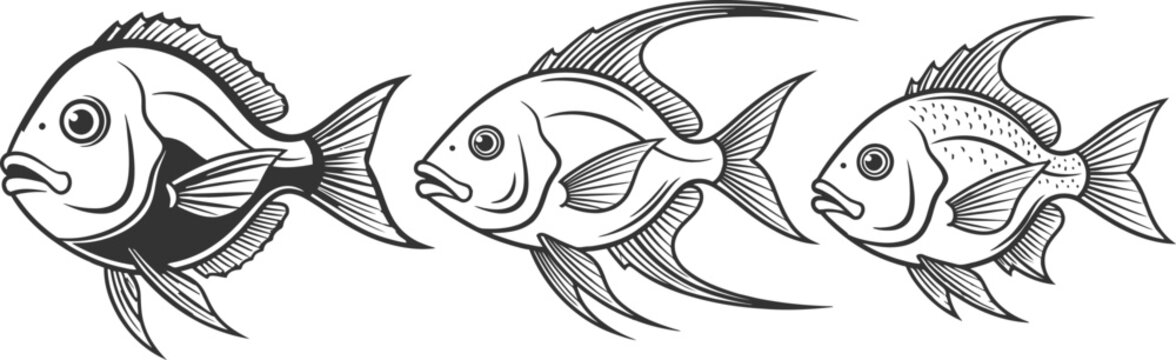 Detailed illustration of three fish swimming together in a school formation