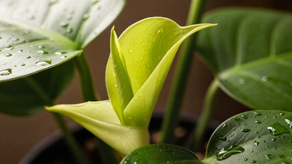 Close-up of a new leaf on a monstera plant with water droplets in a cozy indoor setting