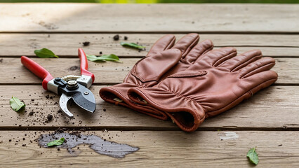 Gardening gloves and pruning shears resting on a wooden table with fresh leaves