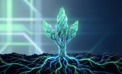 Futuristic Glowing Plant with Digital Root Network